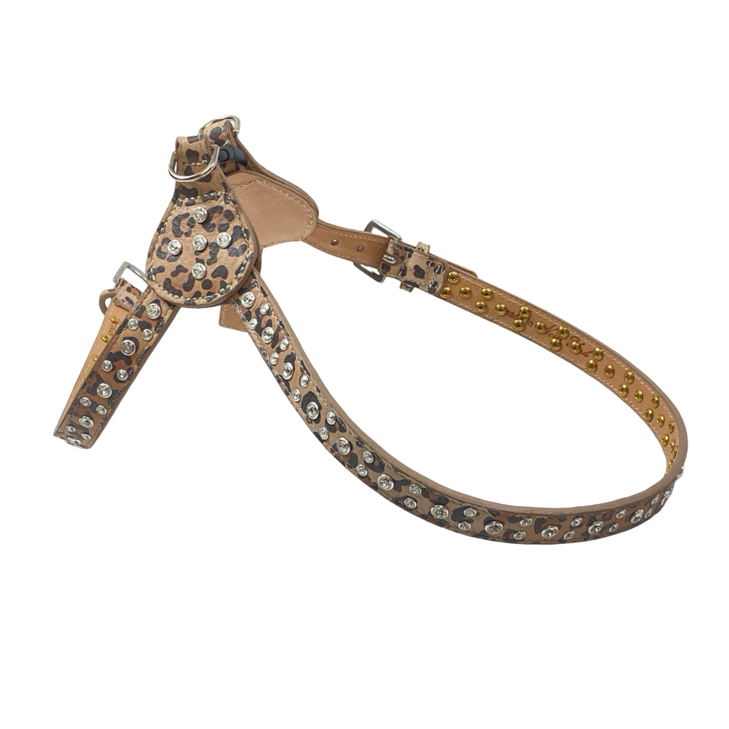 Stella Leopard Leather Crystal Cluster Step-In Dog Harness