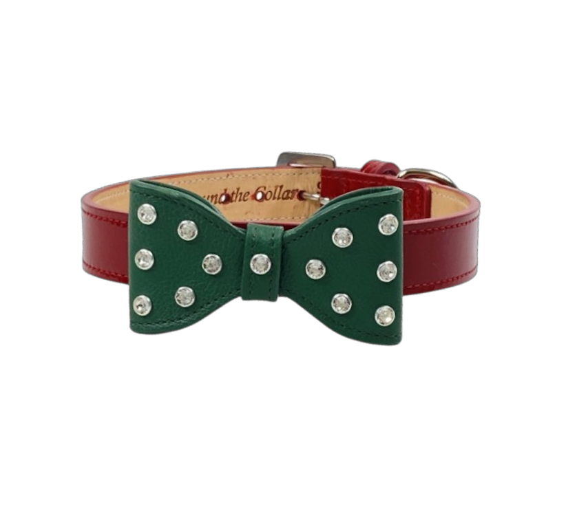 Bow Leather Christmas Dog Collar with Crystals on Large Bow Product vendor